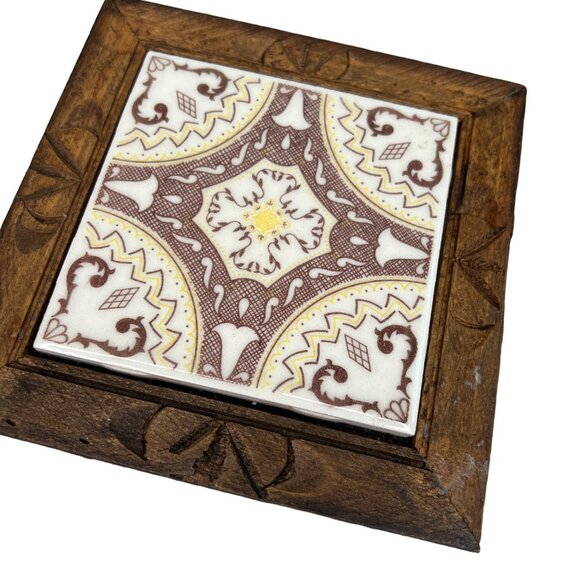 Vintage Mexican Tile Wood Framed Trivet Set Vintage MEXICO Folk Art TILE WOOD - Picture 2 of 10